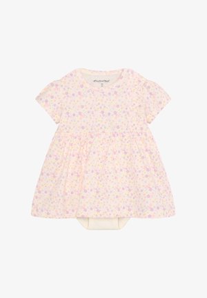 Ensemble robe à manches courtes et body pour bébé fille avec motif floral pastel rose, jaune et violet, et fermeture à boutons sur le côté.