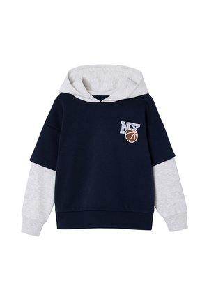 Navy blue and light gray layered hoodie with a gray hood and "NY" letters above a basketball graphic on the chest.