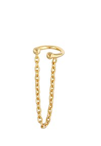 Anillo de oro con dos extremos esféricos, conectado a una delicada cadena. El anillo tiene una textura lisa y pulida, y la cadena presenta eslabones interconectados.