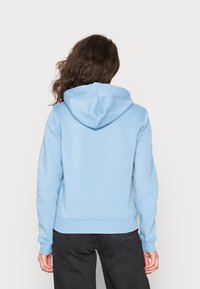 Lichtblauwe hoodie van een katoenmix, met een capuchon met trekkoord, geribde boorden en een ontspannen pasvorm. Achteraanzicht weergegeven.