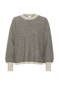Pull en tricot crème et noir, avec un motif à rayures et des pois. Encolure ronde, épaules tombantes et poignets côtelés. Texture douce.