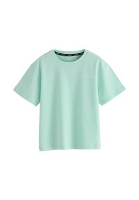 Mentolovo zelené tričko s krátkymi rukávmi, okrúhlym výstrihom a vyšívaným logom "ALLSAINTS" na prednej strane. Mäkká bavlnená látka, voľný strih.
