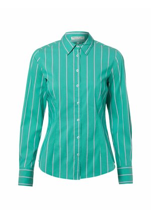 Green long-sleeve shirt with vertical white stripes, tailored fit, button placket, and collar. Smooth fabric with structured texture.