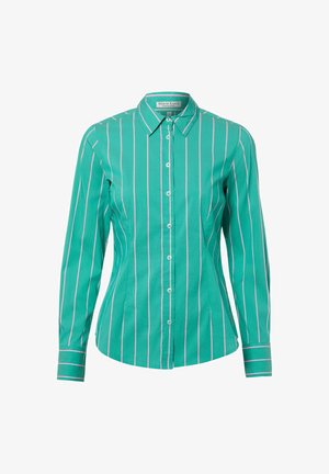 Groen shirt met lange mouwen en verticale witte strepen, nauwsluitende pasvorm, knoopsluiting en kraag. Gladde stof met gestructureerde textuur.