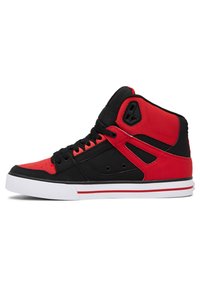 High-top sneakers with a black and red design, featuring a textured surface, perforated accents, and white rubber soles with red stripes.