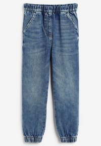 Pantaloni jogger in denim azzurro chiaro con vita arricciata, polsini elastici e due tasche frontali. Presentano una finitura lavata e dettagli cuciti.