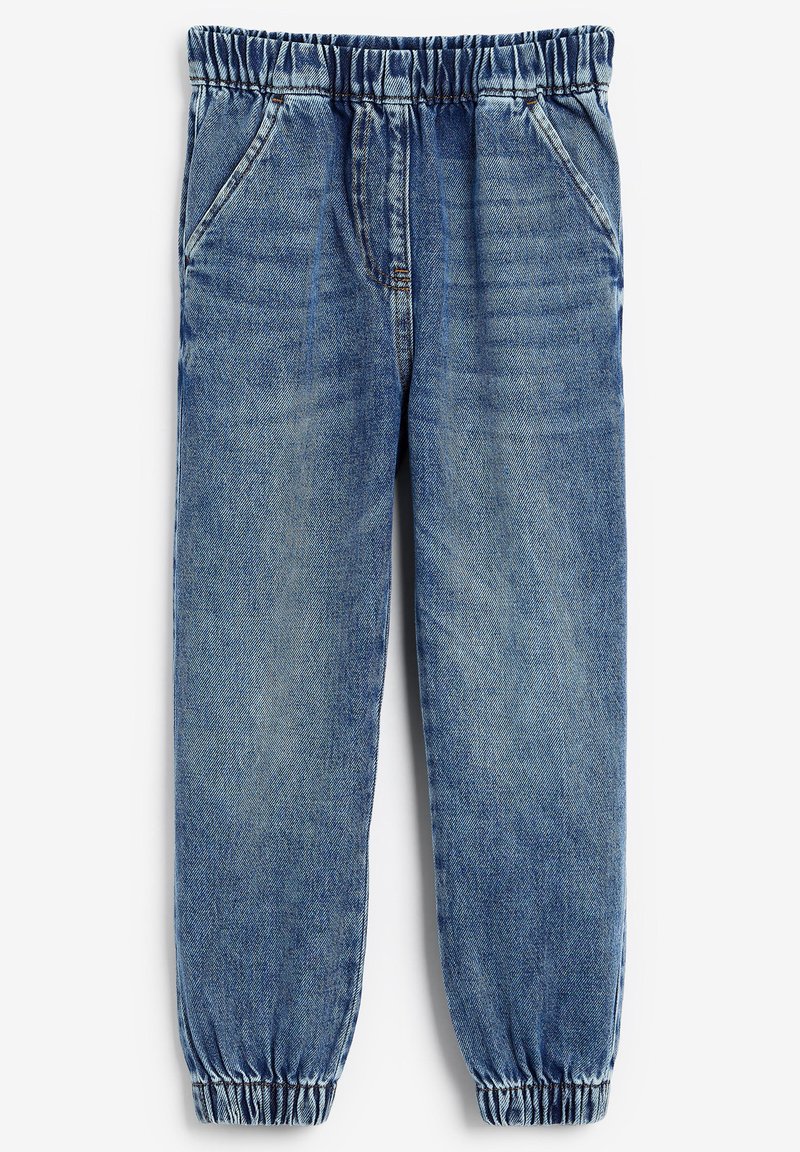 Pantaloni jogger in denim azzurro chiaro con vita arricciata, polsini elastici e due tasche frontali. Presentano una finitura lavata e dettagli cuciti.