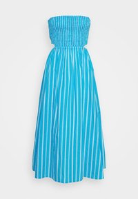 Blue strapless dress with smocked bodice, featuring vertical white stripes, a full skirt, and a flowy silhouette. Cotton fabric.