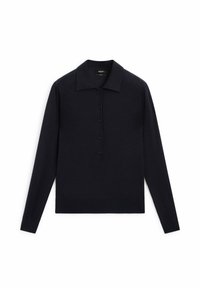 Tummansininen pitkähihaisen polo-neuleen paita, jossa on jämäkkä kaulus ja viisi nappia, valmistettu pehmeästä neulemateriaalista. Minimmaalinen muotoilu, ilman kuvioita.
