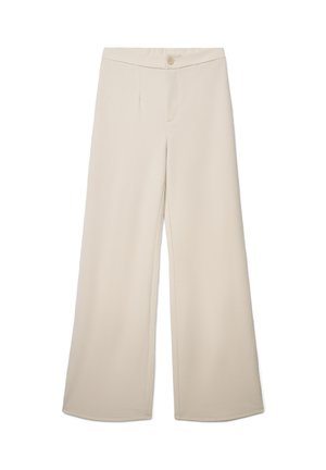 Pantaloni a gamba larga in tessuto beige dalla texture liscia. Presentano una cintura piatta con un singolo bottone e pieghe frontali sottili.