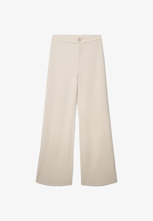Pantaloni a gamba larga in tessuto beige dalla texture liscia. Presentano una cintura piatta con un singolo bottone e pieghe frontali sottili.