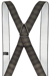 Zwarte en groene geruite bretels van stof, met een zilveren metalen clip in het midden en een witte achterkant met zwarte rand.