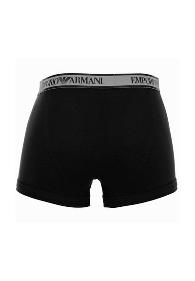 Schwarze Boxershorts für Herren mit einem grauen Bund, der das "Emporio Armani"-Logo und die Marke auf der Rückseite zeigt.