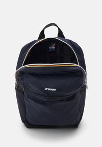 Navy blue nylon backpack with a front zip pocket, a large opening, K-Way logo, and a contrasting yellow and white zipper detail.