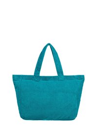 Turkusowa torba typu tote z kordurowego materiału o prążkowanej fakturze, z dwiema wytrzymałymi rączkami i płaskim dnem dla stabilności. Lekka i pojemna konstrukcja.