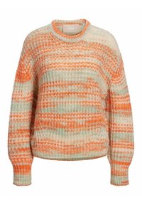 Pletený svetr v béžové, oranžové a zelené barvě s texturovaným proužkovaným vzorem. Kulatý výstřih a dlouhé rukávy, volnější střih.