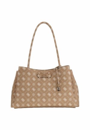 Sac à main beige avec un motif et une quincaillerie dorée. Possède de longues bandoulières, un cadenas décoratif et une forme structurée.