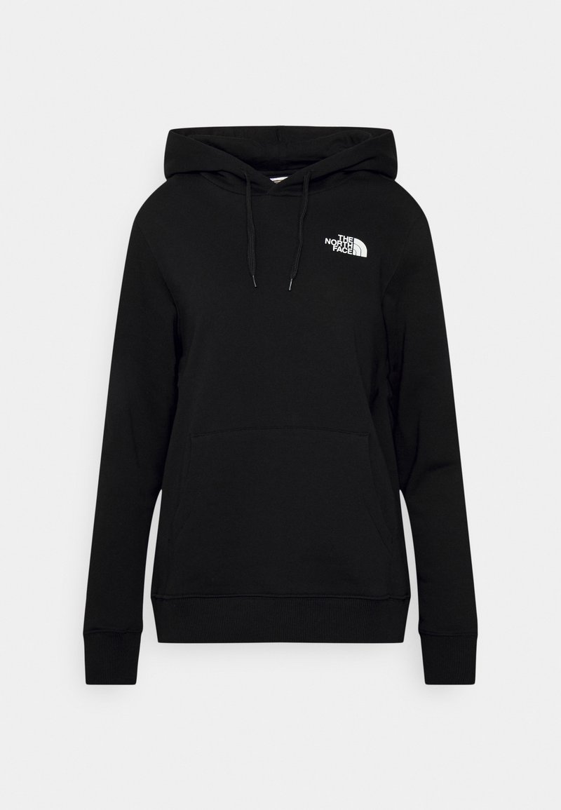 Schwarzer Hoodie aus Baumwollmischgewebe, mit einer Fronttasche, Kordelzugkapuze und einem kleinen weißen Logo auf der oberen linken Seite.