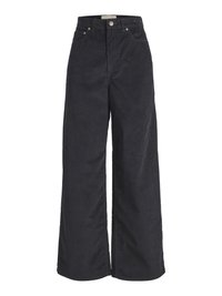 Black corduroy wide-leg trousers featuring a high waist, front button closure, and two side pockets. Soft texture and straight silhouette.