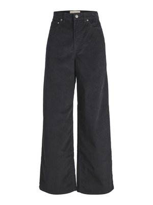 Schwarze Corduroy-Hosen mit weitem Bein, hoher Taille, vorderem Knopfverschluss und zwei seitlichen Taschen. Weiche Textur und gerades Silhouette.