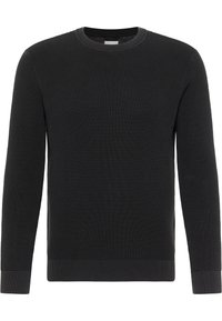 Pull en tricot noir à côtes avec un col rond et des manches longues. Présente une finition texturée et des poignets et un ourlet ajustés.