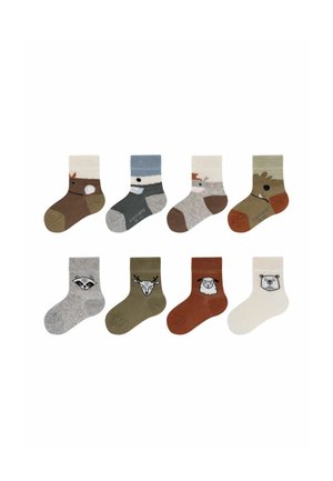 Acht Paare Kindersocken mit Tiermotiven: in Braun, Grau, Grün und Cremefarben. Merkmale sind verschiedene Tiergesichter und Farbakzente.