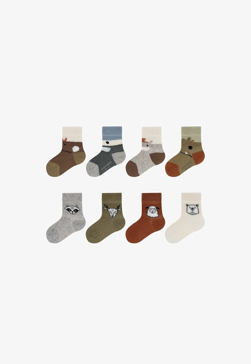 Otto paia di calzini per bambini con design di animali: colori marrone, grigio, verde e crema. Le caratteristiche includono diversi volti di animali e accenti di colore.