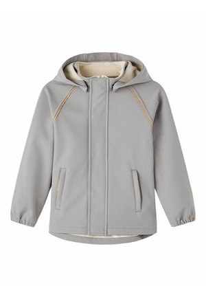 Veste à capuche gris clair avec fermeture éclair à l'avant, doublure intérieure beige, deux poches avant, poignets élastiques et accents beiges subtils sur les épaules et les poches.