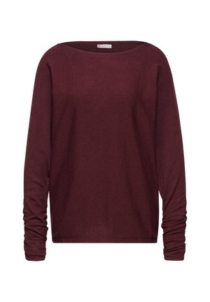 Langsleeve top in bordeaux, met een ruime bootnek en textuurstof. Kenmerkt zich door gegatherde manchetten voor een casual pasvorm.