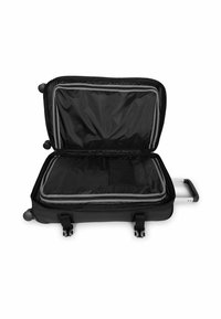 Schwarzer Rollkoffer mit offenem Design, ausgestattet mit glattem Innenfutter, Reißverschlussfächern und grauem Rand. Vier Räder und ein Teleskopgriff.