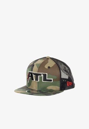 Camo baseball cap with black mesh back. Features "ATL" in white and red embroidery. Curved brim with green camo pattern. Adjustable fit.