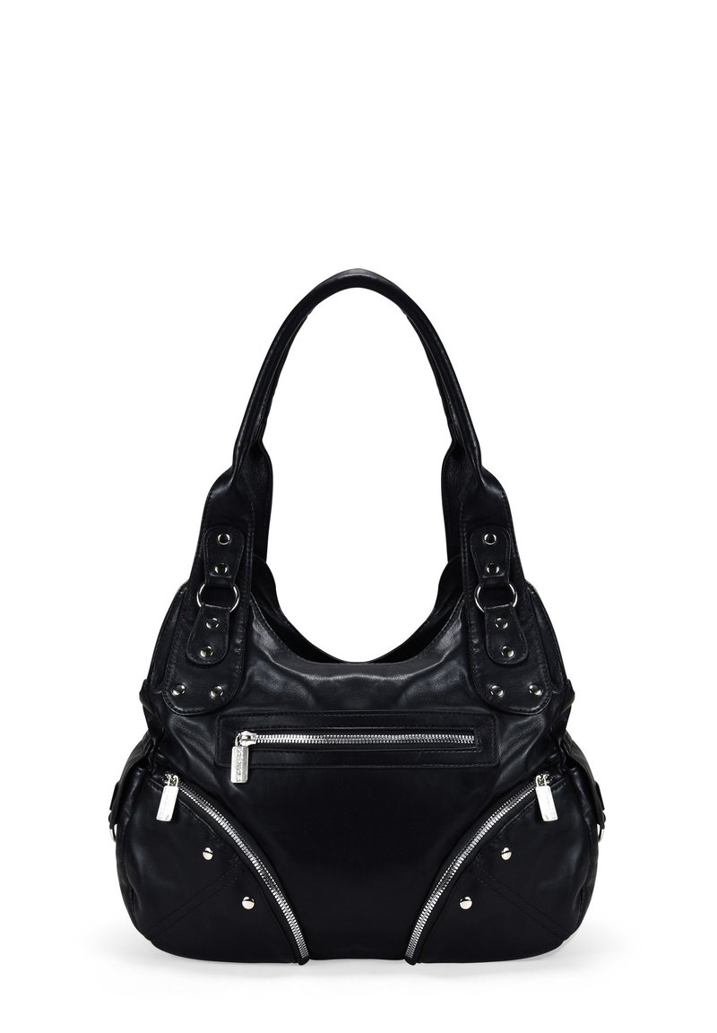Bolso de cuero negro con forma curved, dos asas redondeadas, bolsillos con cremallera y acentos de tachuelas en los paneles delanteros. Superficie texturizada.