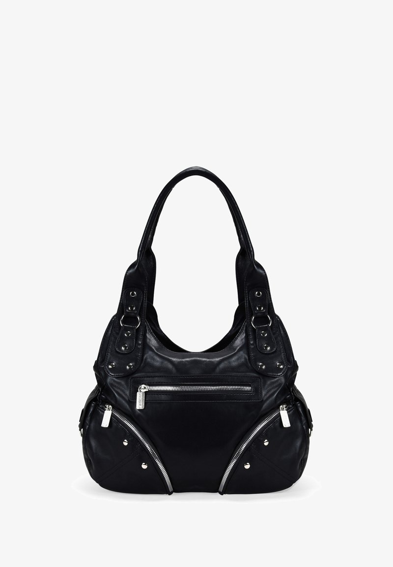 Bolso de cuero negro con forma curved, dos asas redondeadas, bolsillos con cremallera y acentos de tachuelas en los paneles delanteros. Superficie texturizada.