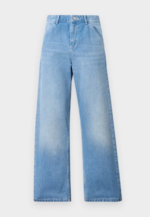Lyseblå denim bredbente jeans med høy midje-design, som har to frontlommer og knappelukking. Renkant med minimal falming.