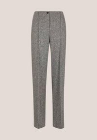 Grijze herringbone broek met een rechte pijp, voorzien van een enkele knoopsluiting en schone, op maat gemaakte lijnen. Getextureerde stof.