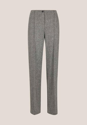 Grau Fischgrät-Hosen mit geradem Schnitt, ausgestattet mit einem einzelnen Knopfverschluss und klaren, maßgeschneiderten Linien. Strukturiertes Gewebe.