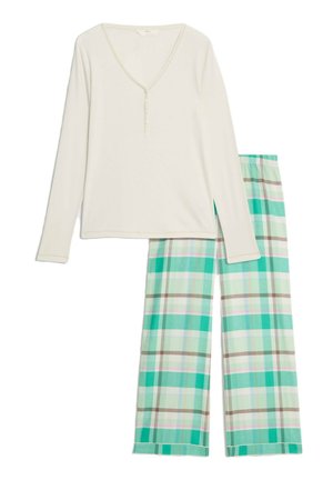 Cotton pajama set featuring a cream long-sleeved top with a V-neck and three buttons, paired with green plaid pants in shades of blue and brown.