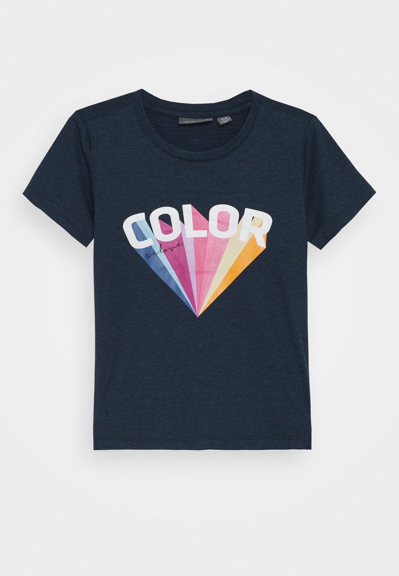 Camiseta de manga corta azul marino con la palabra "COLOR" sobre rayos en forma de abanico en tonos pastel azul, rosa, blanco, amarillo y naranja.