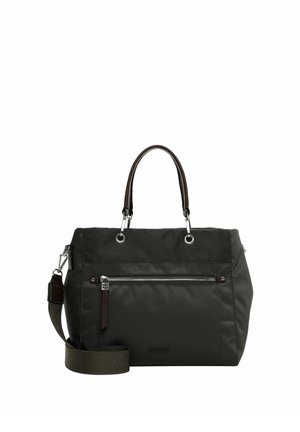 Dark green nylon handbag with brown leather accents, dual top handles, detachable shoulder strap, front zip pocket, and silver-tone hardware.