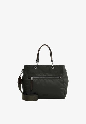 Dark green nylon handbag with brown leather accents, dual top handles, detachable shoulder strap, front zip pocket, and silver-tone hardware.