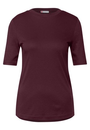 Burgundy t-shirt med kort ärm i mjuk bomullsblandning, rund hals, avslappnad passform, med en slät textur och subtila sömnadsdetaljer.