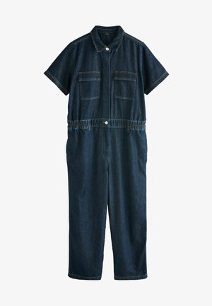 Jumpsuit in denim scuro con maniche corte, due tasche frontali, chiusura con bottoni, vita elastica e design a gamba dritta.