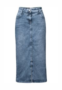 Jeansrock in Hellblau mit gerader Silhouette, vorderem Knopf- und Reißverschlussverschluss, zwei seitlichen Taschen und einem Mittelsteil für mehr Bewegungsfreiheit.