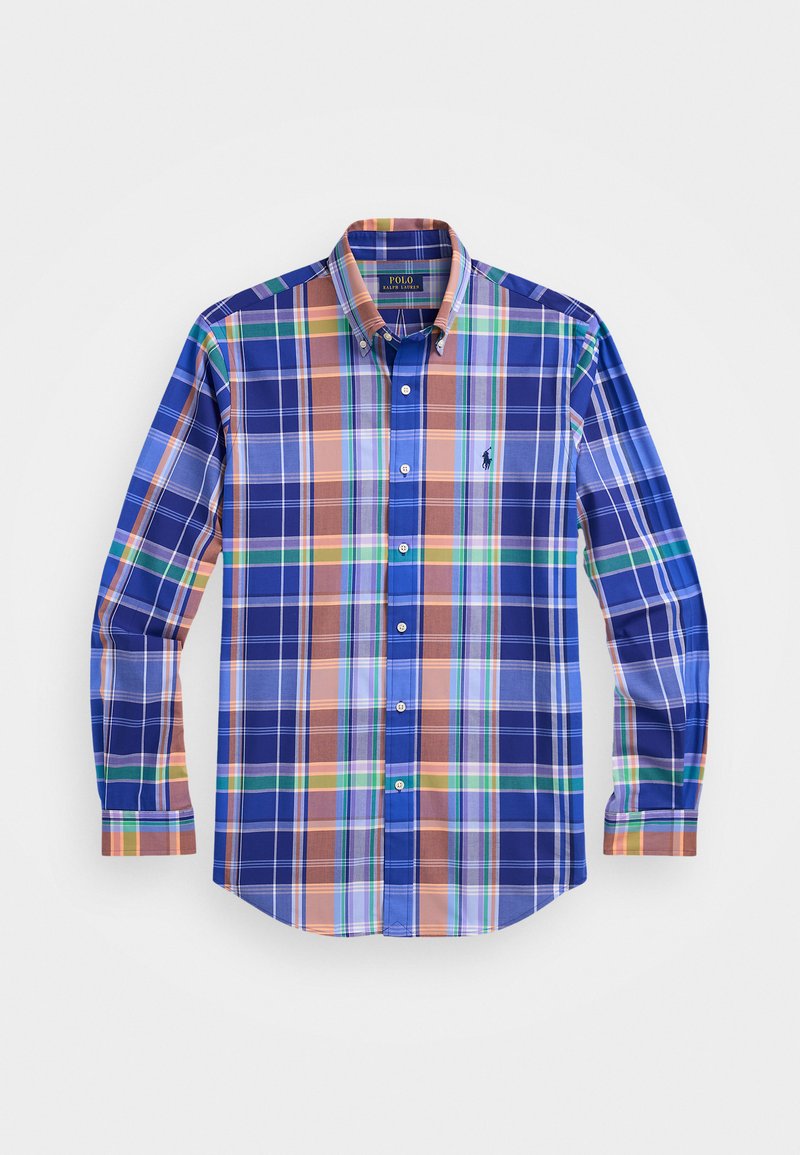 Mygtukų marškiniai su daugiakomponentiu languotu raštu, kuriame vyrauja mėlyna, žalia, oranžinė ir ruda spalvos. Ilgomis rankovėmis, apykakle ir logotipo detale.