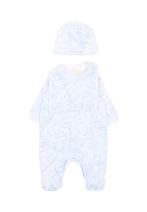 Body blanc pour bébé et bonnet assorti avec imprimé animalier bleu clair de type dessin animé et marquage Givenchy sur le bonnet et le bavoir.