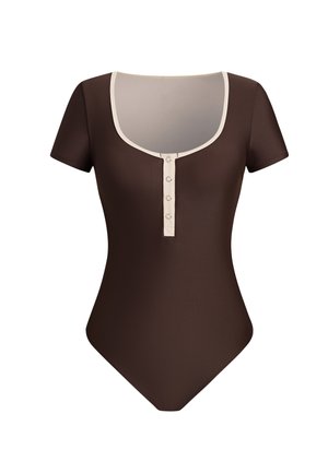 Brauner Kurzarm-Body mit beigem, runden Ausschnitt und Knopfleiste vorne.