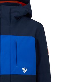 Waterproof jacket with a hood, featuring a blue and navy color block design, front pocket, and logo accent on the left side.