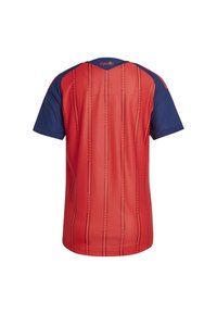 Red athletic jersey with blue sleeves, featuring vertical stripes and light texture. "España" printed on the back neckline.