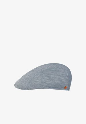 Grey textured flat cap with a small round brown logo emblem on the side, displayed on a white background.