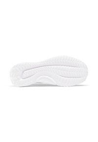 Suela de zapatilla blanca de goma con un patrón texturizado que presenta costillas y agarres circulares para tracción. Bordes suaves y forma aerodinámica.